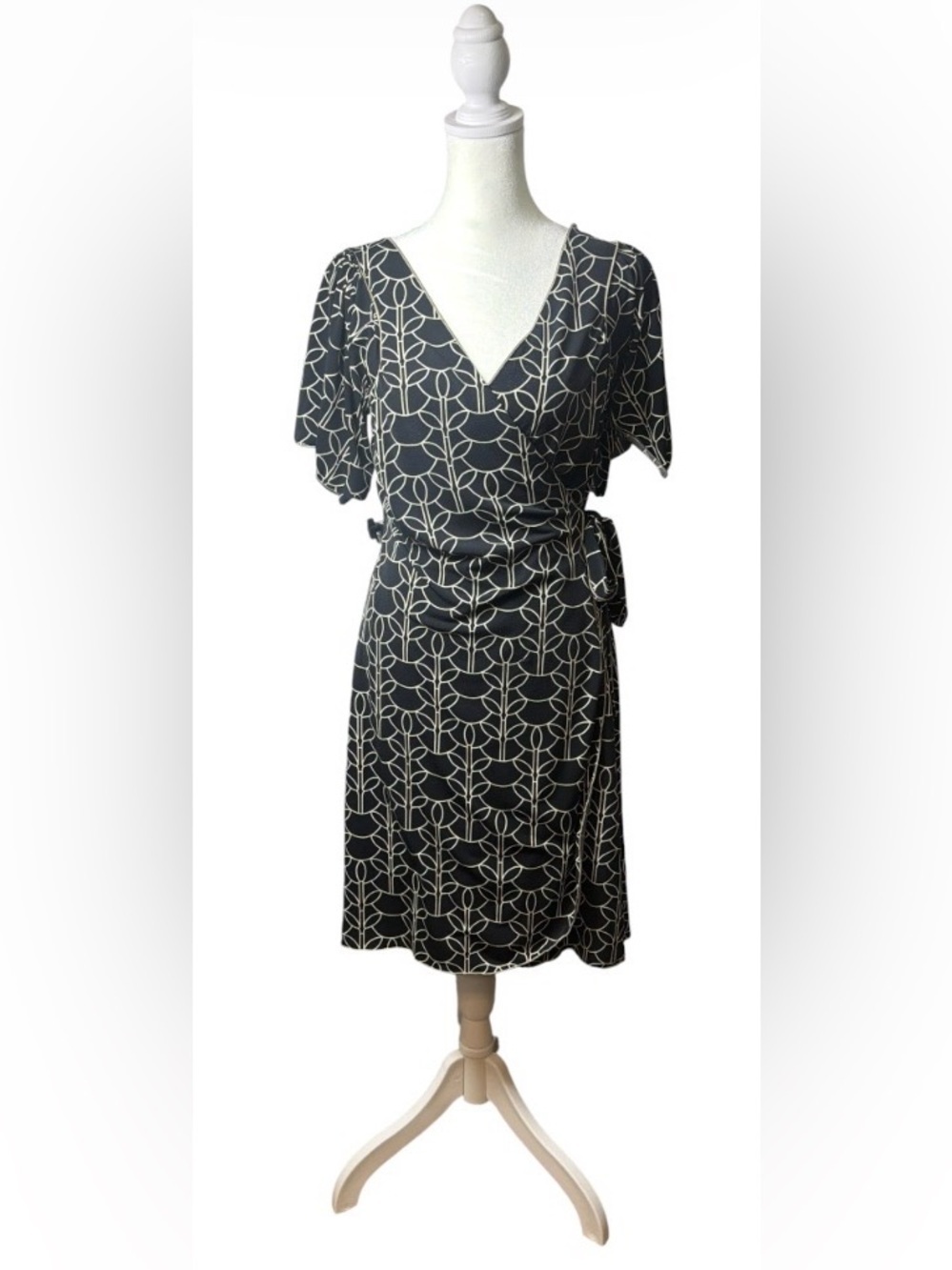 Max Studio Black Midi Wrap Dress with Cream Geometric Lines. Size Small.